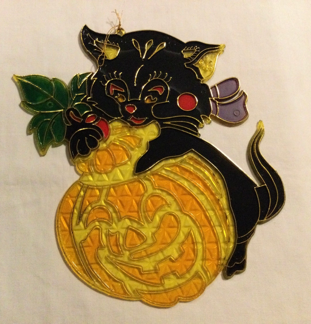 Vintage Large Plastic Halloween Black Cat & Jack O Lantern Suncatcher ...