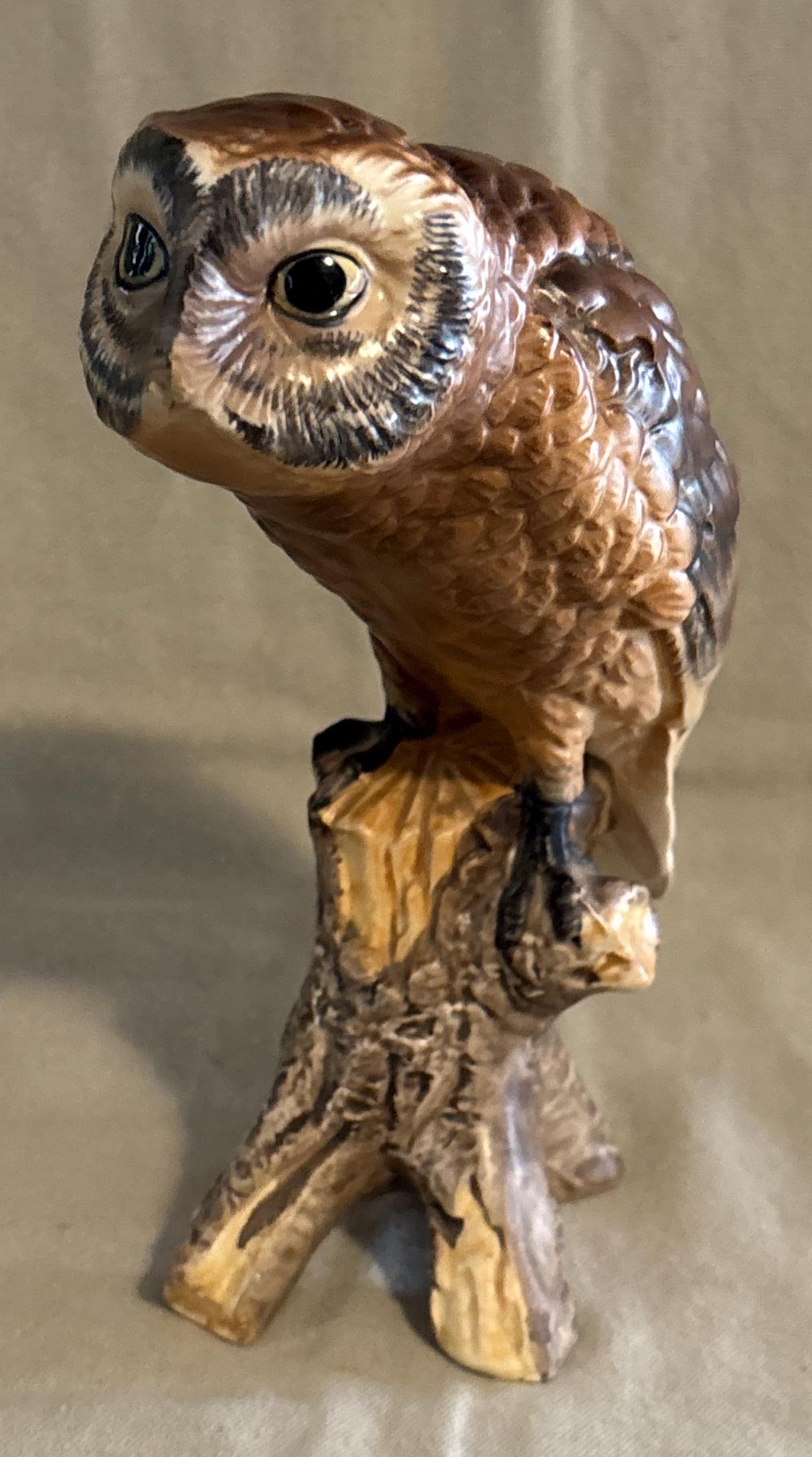 Vintage Screech Owl on Tree Trunk Ceramic Figurine