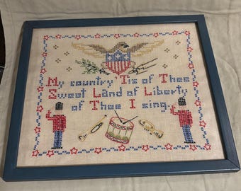 Vintage Framed Patriotic “My Country ‘Tis of Thee”  Cross Stitch w/ American Eagle Soldiers & Drum