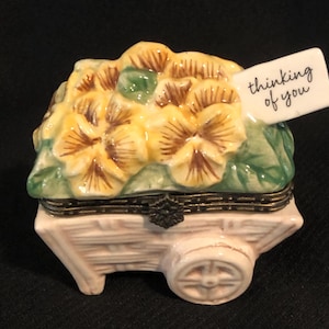 Vintage Hallmark Thinking of You Pansy Flower Cart Trinket Box