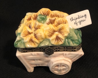 Vintage Hallmark Thinking of You Pansy Flower Cart Trinket Box