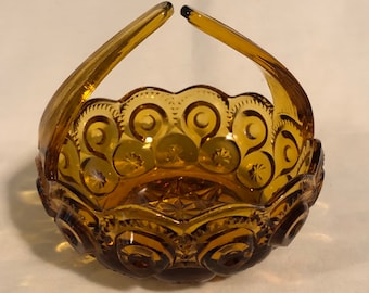 Vintage L E Smith Moon and Stars Pattern Amber Glass Split Handle Basket