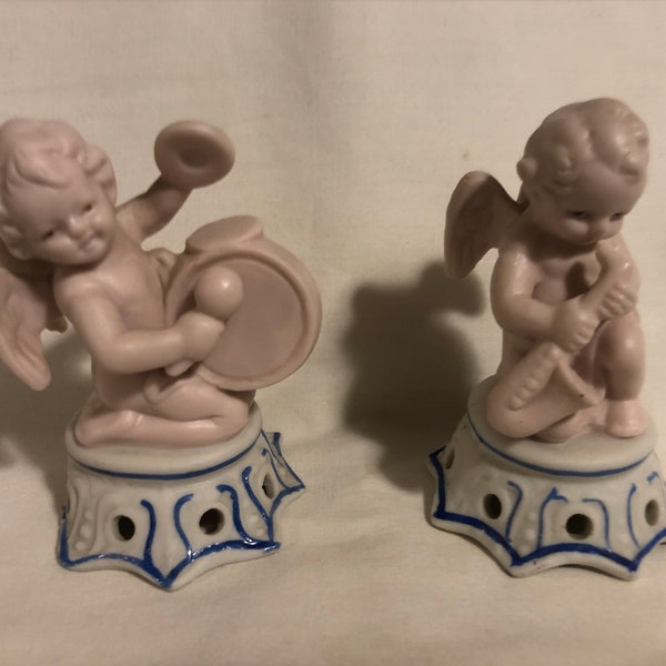 2 Occupied Japan Pink Jasperware Musical Angel Figurines