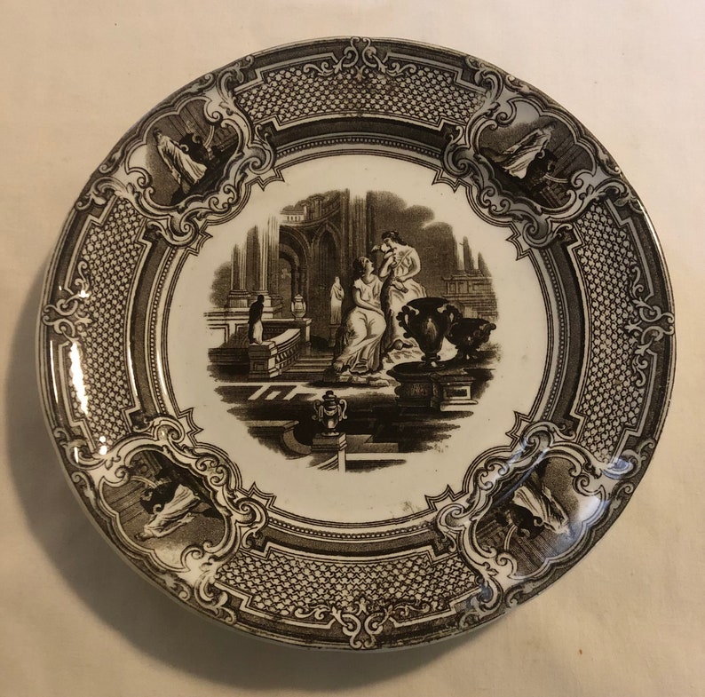 19th Century Brown Transfer Ware Staffordshire Classical Scene Plate image 1