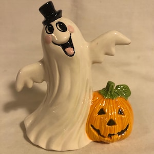 2 Vintage Halloween Ceramic Arts Project Ghosts W/ Jack O Lanterns - Etsy