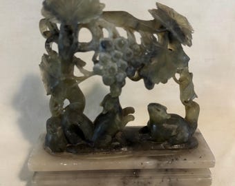 Vintage Chinese Green Jade Figurine With Wooden Base, 7 1/4