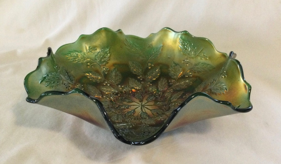 Vintage Fenton Iridescent Green Ruffle Carnival Glass Bowl Etsy