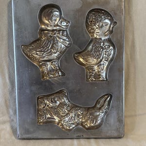 Antique Metal Easter Chocolate Pour Mold  Chick, Duck & Rollerskating Rabbit