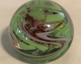 Vintage Signed Artisan Green & Cranberry Swirl Glass Paperweight