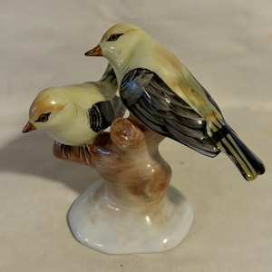 Vintage Aquincum Budapest Hungarian Porcelain Double Goldfinch Birds on Trink Figurine