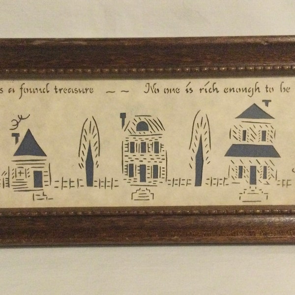 1990 Framed Design with Scissors A Good Neighbor Sentiment Folk Art House Cut Out