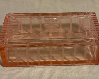 Vintage Cut Pink Depression Glass Rectangular Lidded Box
