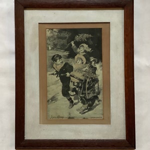 Vintage Taylor Silk Co. “ Joyous Spring “ Children Running With Cart Framed Silk Print