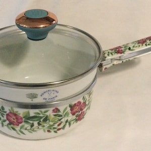 Vintage Wild Rose Floral Limoges Aluminite Frugier Saucepan with Lid