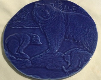 Round Blue Edgecomb Pottery Carved Porcelains Bear Plaque