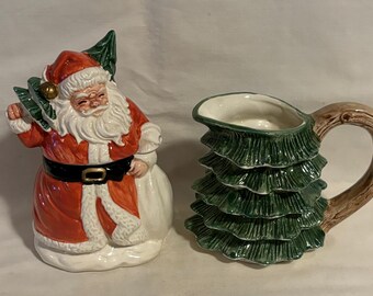 Vintage Omnibus Ceramic Santa Claus & Christmas Tree Creamer and Sugar
