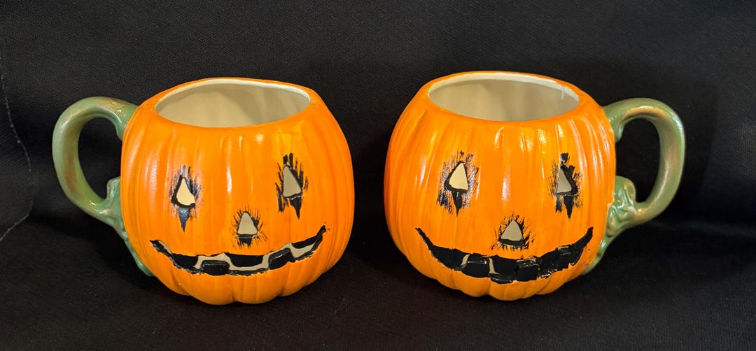 2 Vintage Halloween Ceramic Arts Project Handled Jack O Lantern Votive ...