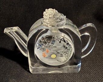 Vintage Unusual Chinese Figural Teapot Crystal Snuff Bottle w/ Reverse Painted Scenes & Crystal Foo Dog Stopper