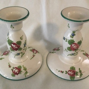 Vintage Hand Painted Rose Floral Imola Ceramic Cooperative Pair of Candlestick Holders