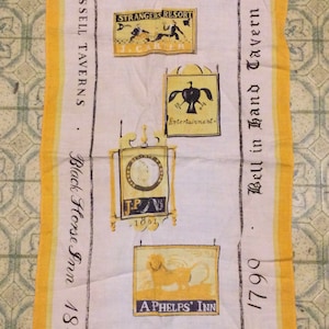 Vintage Yellow Town House Linen Tea Towel Tavern Themed
