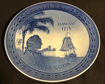 1978 Royal Copenhagen Blue & White 1778 James Cook Hawaii Plate