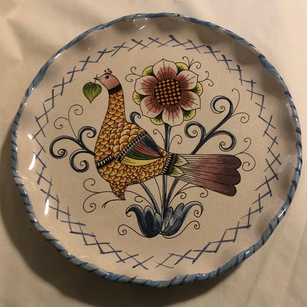 Vintage Dip a Mano Deruta Italian Pottery Bird w/ Flower Plate