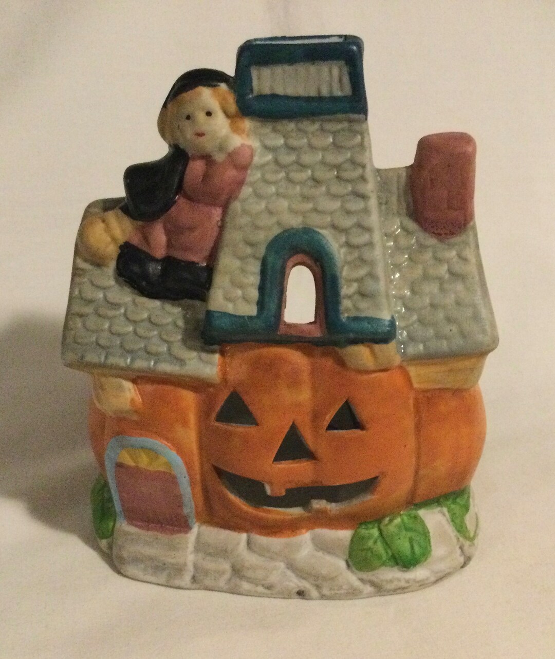 Vintage Halloween Figural Ceramic Jack O Lantern Haunted House W/ Witch ...
