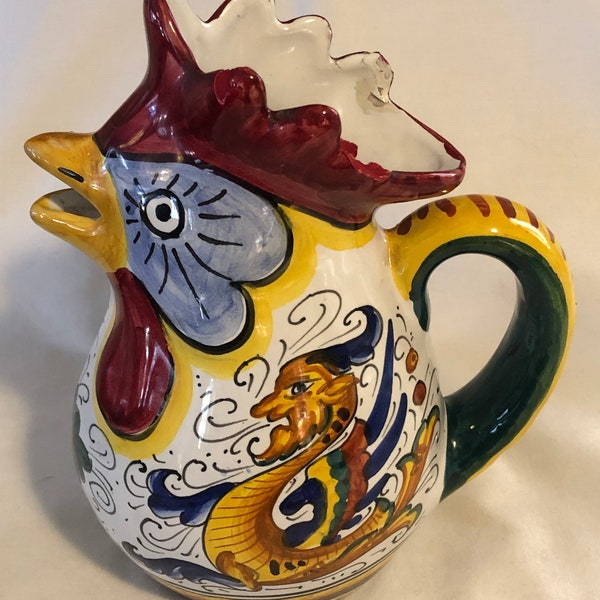 Vintage Labor Deruta Hand Painted Griffin Figural Rooster Pitcher as is