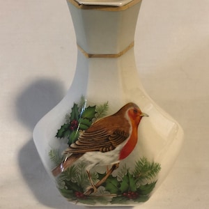Vintage Christmas Royal Worcester Palissy European Robin in Holly Vase