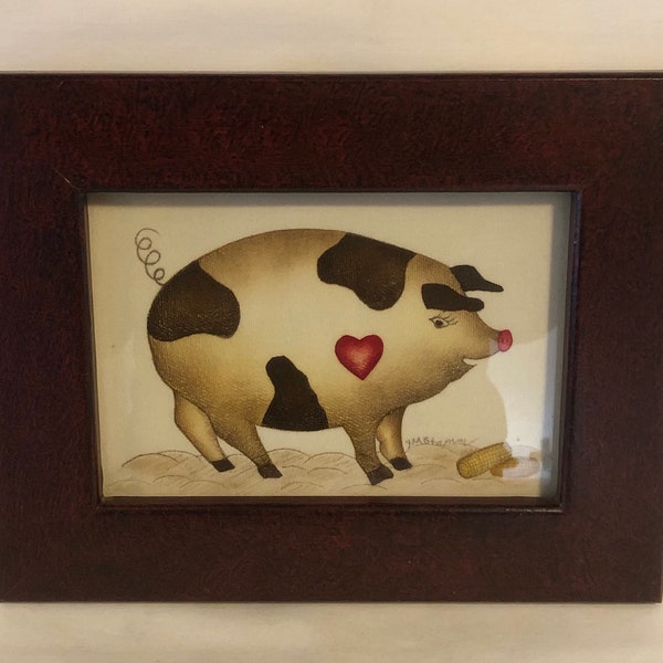 Vintage Framed Folk Art Pig Painting sgnd Y M Stamm