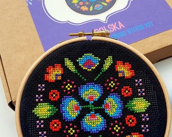 Modern Cross Stitch Kit With Hoop - Polska - Polish Folk Art
