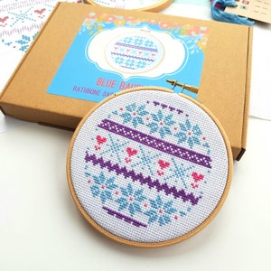 Modern Cross Stitch Kit With  Hoop - Blue Bauble - Christmas Fair Isle