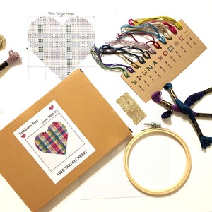 Modern Cross Stitch Kit with Hoop Wee Tartan Heart image 2