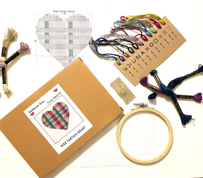 Modern Cross Stitch Kit with Hoop Wee Tartan Heart image 2