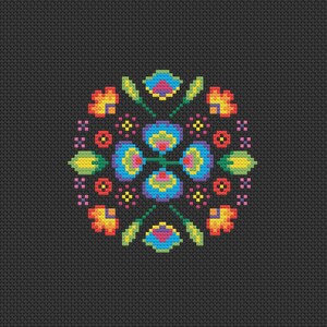 May include: A colorful floral design with blue, yellow, red, green, and pink flowers on a black background. The design is symmetrical and has a circular shape.
