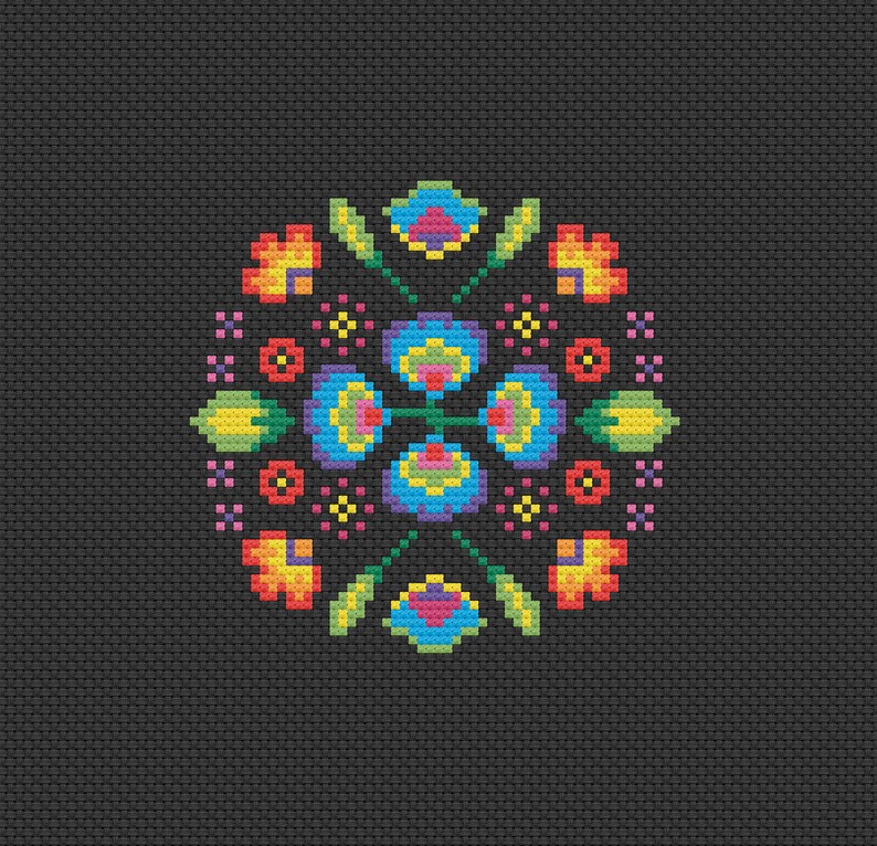 May include: A colorful floral design with blue, yellow, red, green, and pink flowers on a black background. The design is symmetrical and has a circular shape.