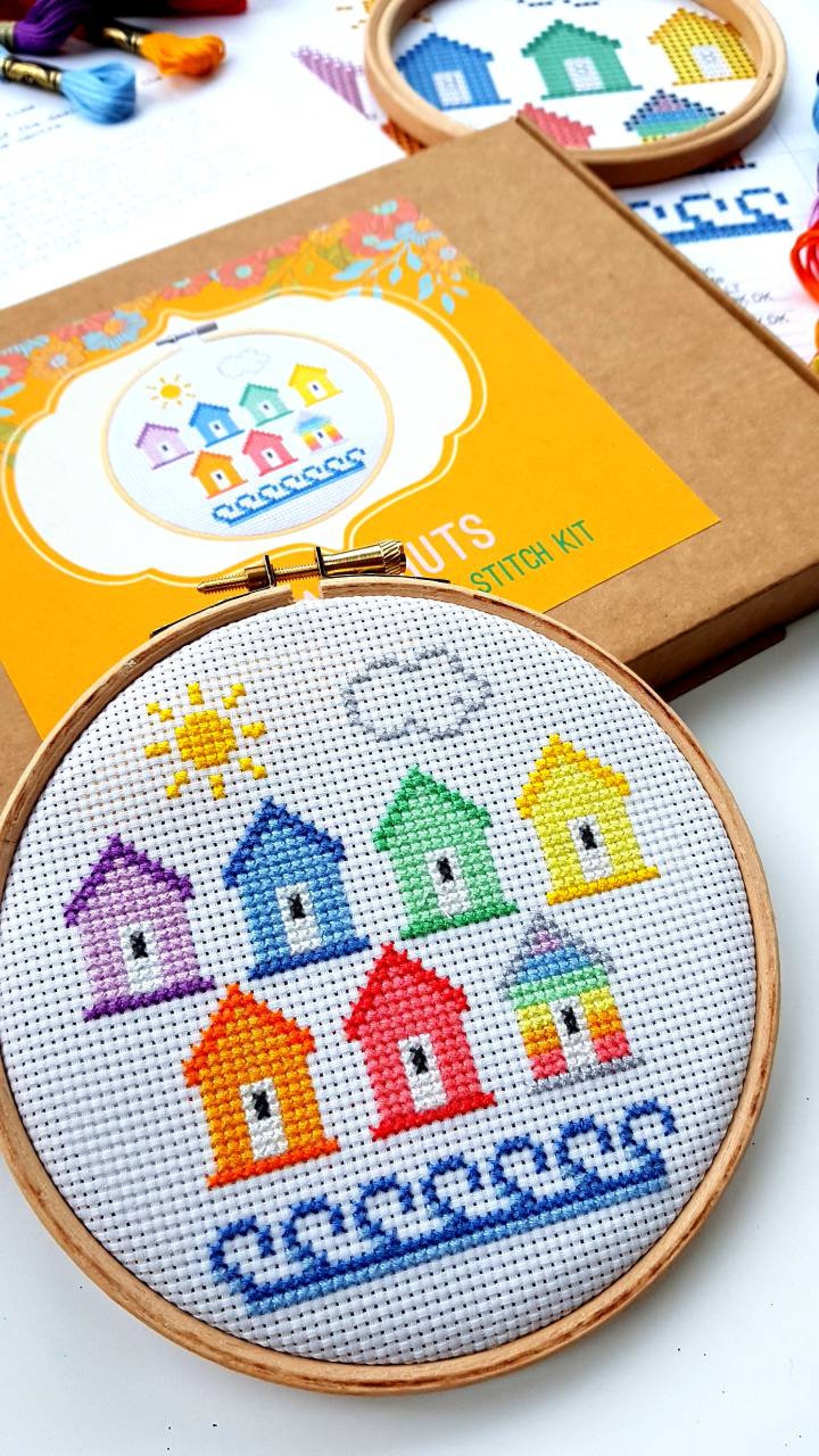 Modern Cross Stitch Kit With Hoop Mini Beach Huts Etsy UK
