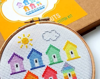 Modern Cross Stitch Kit With Hoop - Mini Beach Huts