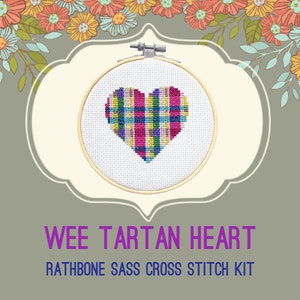 Modern Cross Stitch Kit with Hoop Wee Tartan Heart image 1