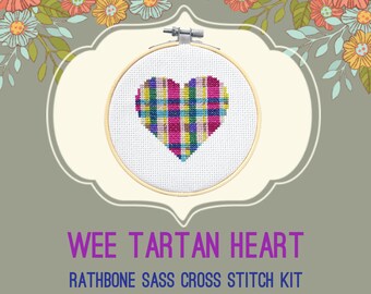 Modern Cross Stitch Kit with Hoop - Wee Tartan Heart