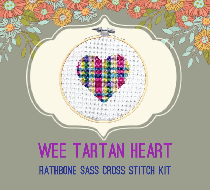 Modern Cross Stitch Kit with Hoop Wee Tartan Heart image 1