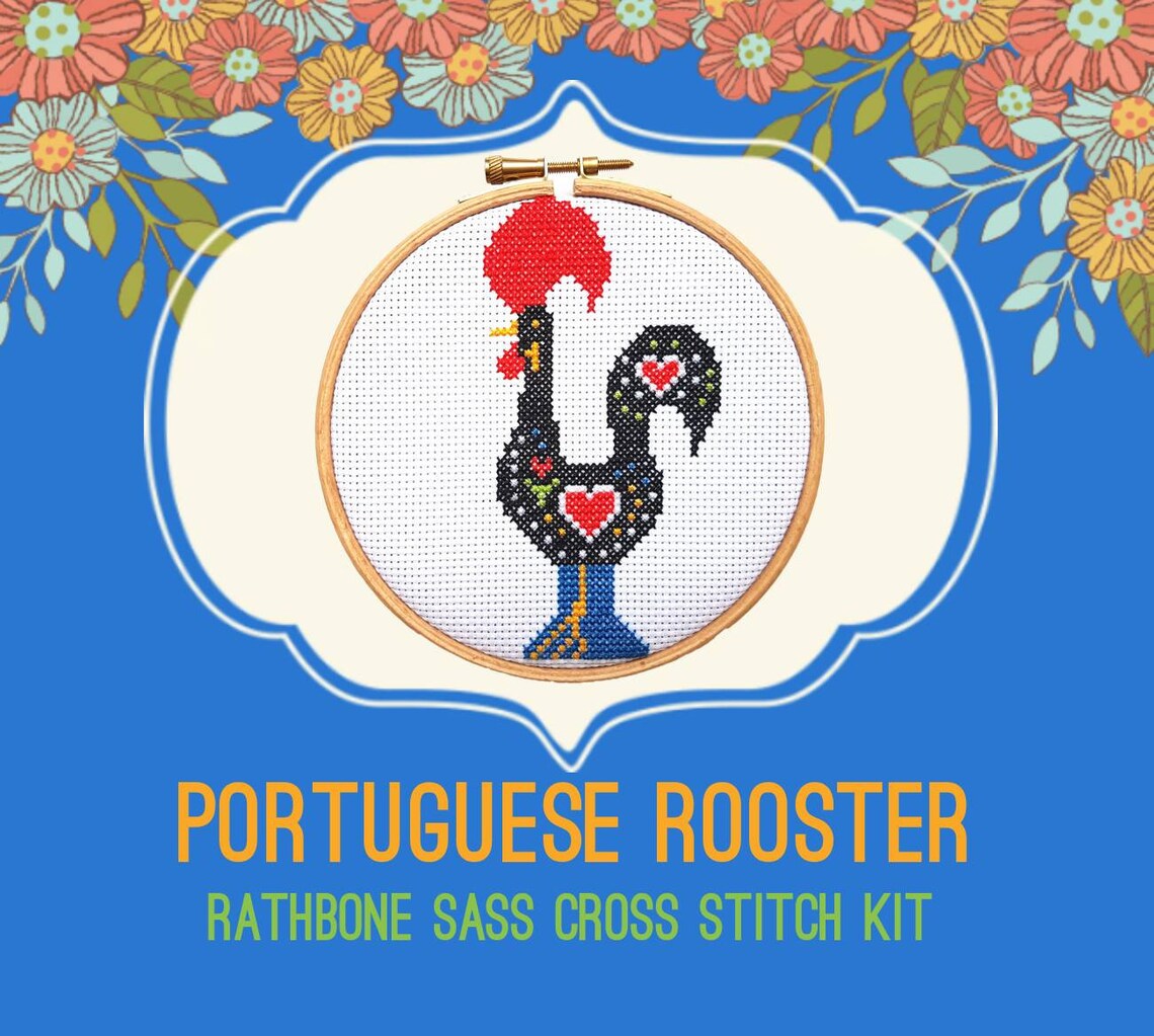 Modern Cross Stitch Kit With Hoop Portuguese Rooster Etsy UK