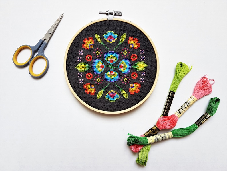 May include: A black embroidery hoop with a colorful floral design. The design features red, orange, yellow, green, blue, and purple flowers. Three skeins of embroidery floss are also pictured: green, pink, and a lighter pink.