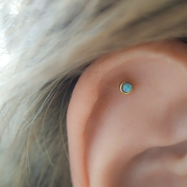 Mother Day - Tiny Opal Labret Piercing 16g - Gold Opal Flat Back Screw Stud - Rose Gold Helix Earring - Tragus Stud 16g