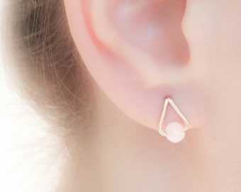 Rose Quartz Earrings Studs- Gold Rose Quartz Earrings- Blush Earrings- Drop studs and Rose Quartz bead- Tear drop earrings-Rose Quartz Studs