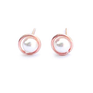 Rose Gold Pearl Earrings - Pearl Studs Rose Gold Earrings - Pearl Rose Gold Studs-Minimal Dainty Pearl Earrings - White Pearls Classic Studs