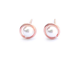 Rose Gold Pearl Earrings - Pearl Studs Rose Gold Earrings - Pearl Rose Gold Studs-Minimal Dainty Pearl Earrings - White Pearls Classic Studs