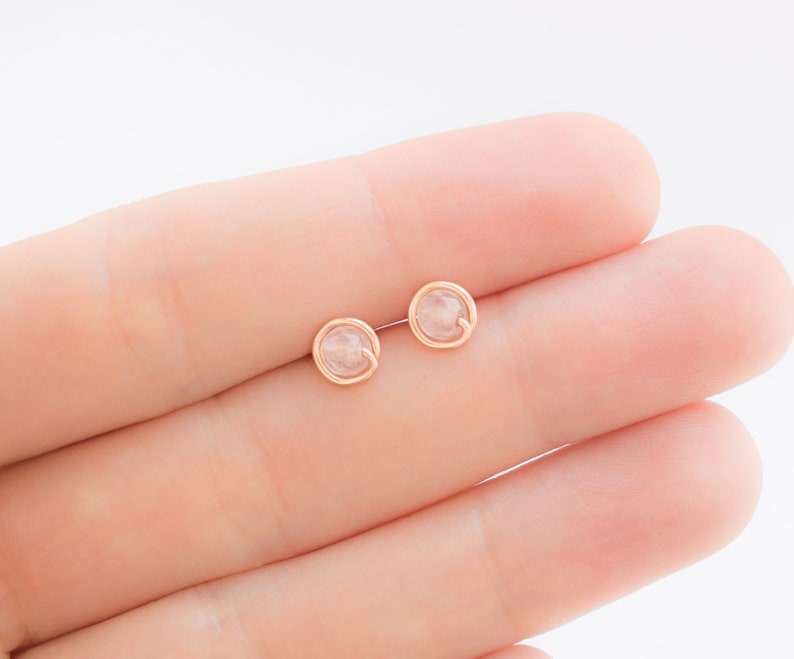 Mother Day Rose Quartz Rose Gold Earrings Studs Rose Quartz Earrings Blush Earrings Tiny Rose Gold Stud Earrings Rose Quartz Studs image 4