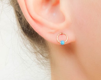 Mother Day - Circle Earrings Opal - Opal Stud Earrings - Blue opal earrings - Round opal studs