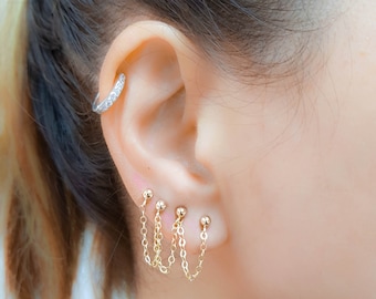 Mother Day - Double piercing earring - triple piercing - four piercing - Chain Stud Earring - triple studs - double  studs